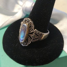 Load image into Gallery viewer, Sterling Silver 925 Ring with Abalone and Marcasites, size 7.5
