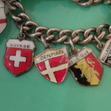 Load image into Gallery viewer, Vintage Silver Traveler&#39;s Bracelet with 15 Enamel Shield Charms
