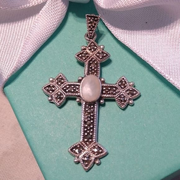 Sterling Silver 925 Marcasite + Mother-of-pearl Cross Pendant, 4.46g