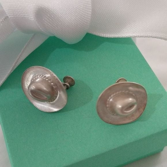 Vintage Sterling Silver 925 Cowgirl Hat Screwback Earrings