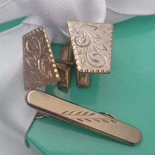 Load image into Gallery viewer, Vintage Goldtone Etched Hickok USA Tie Bar and Trapezoid Shaped Cufflinks set
