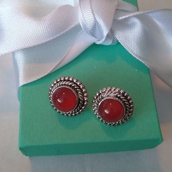 Navajo Carnelian + Sterling Silver Post Earrings, marked EC