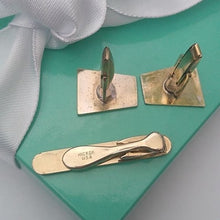 Load image into Gallery viewer, Vintage Goldtone Etched Hickok USA Tie Bar and Trapezoid Shaped Cufflinks set
