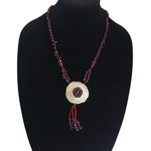 Artisan made Shell Flower, Garnet and Glass Bead Necklace