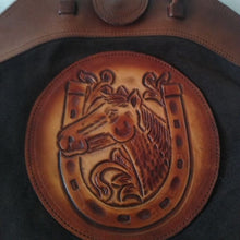 Load image into Gallery viewer, Vintage Tooled Leather + Suede Horse Horseshoe Purse Bag
