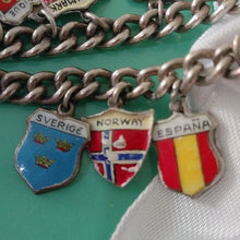 Load image into Gallery viewer, Vintage Silver Traveler&#39;s Bracelet with 15 Enamel Shield Charms
