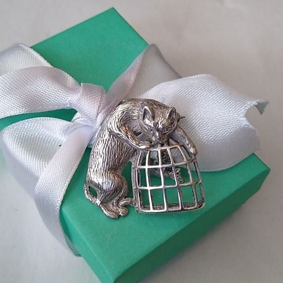 Vintage Signed Jezlaine 925 Cat & Caged Bird Sterling Silver Brooch