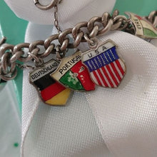 Load image into Gallery viewer, Vintage Silver Traveler&#39;s Bracelet with 15 Enamel Shield Charms
