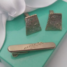 Load image into Gallery viewer, Vintage Goldtone Etched Hickok USA Tie Bar and Trapezoid Shaped Cufflinks set
